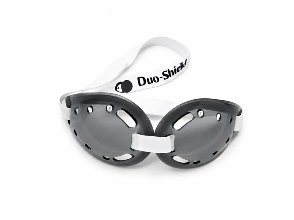 Duo-Shield Bilateral Grey Tinted Polycarbonate Vented Eye Shields with Foam Lining & Strap