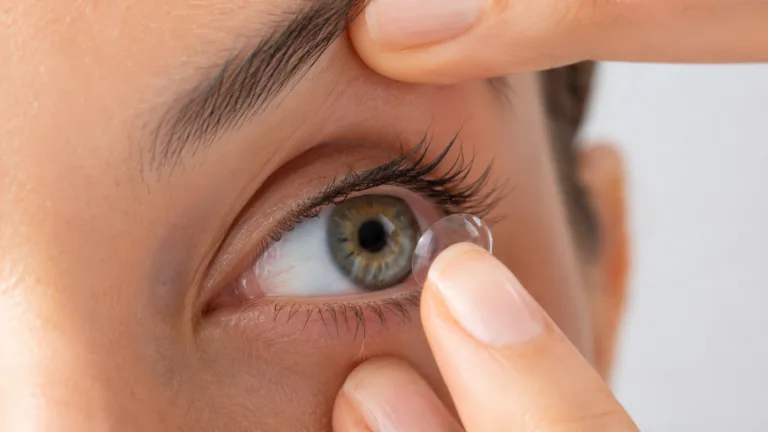 Contact lens care close-up of a person inserting a contact lens